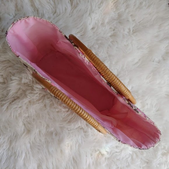 *no tag VINTAGE style purse handbag w burlap texture rattan handle pink & cream - Picture 14 of 16